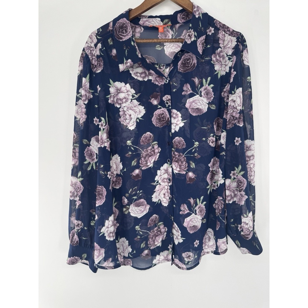Modcloth 3x Sheer Long sleeve Blouse Navy purple flowers fairy spring bloomcore